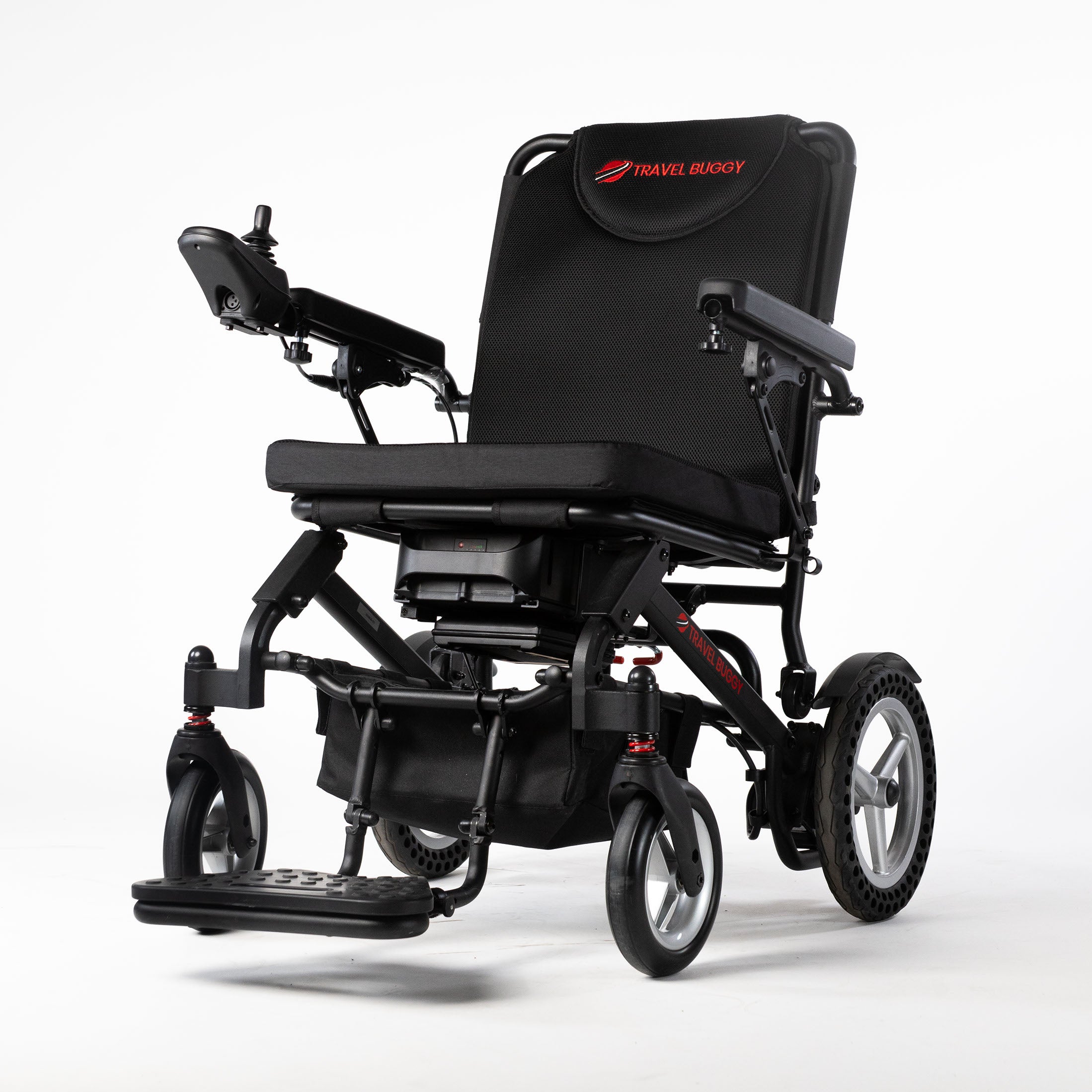Travel Buggy DASH folding power chair, front-left three-quarter view on a white background